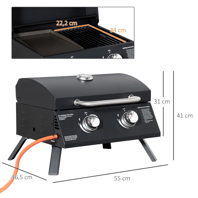 Outsunny Barbacoa de Mesa a Gas Plegable con 2 Quemadores Parrilla de Gas Portátil con Tapa Acero a Carbono para Camping Picnic al Aire Libre Jardín 55x46,5x41 cm Negro
