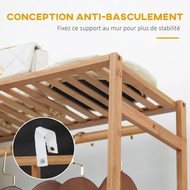 HOMCOM Portant à vêtements en bambou avec étagère de rangement à 6 niveaux et tringle de suspension, 90x30x145cm, bois naturel