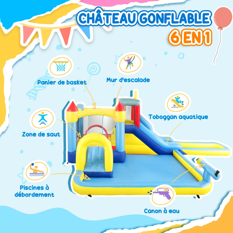 AIYAPLAY Château gonflable avec soufflerie parc aquatique toboggans, trampoline, mur d'escalade, canon, panier de basket