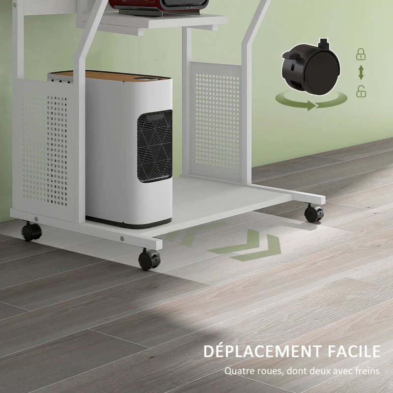 HOMCOM Bureau d'ordinateur roulant avec étagères de rangement, poste de travail et plateau pour clavier, 80x50x130cm, blanc