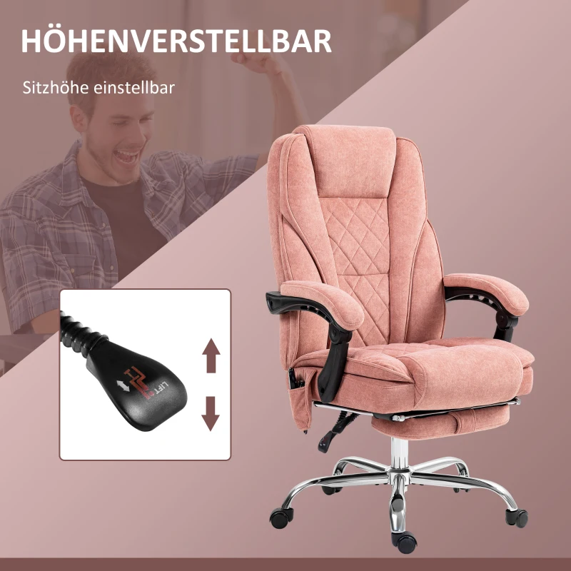 Vinsetto Ergonomiczne Krzesło Biurowe z Masażem, z Podnóżkiem, Obrotowe, na Kółkach, Różowe