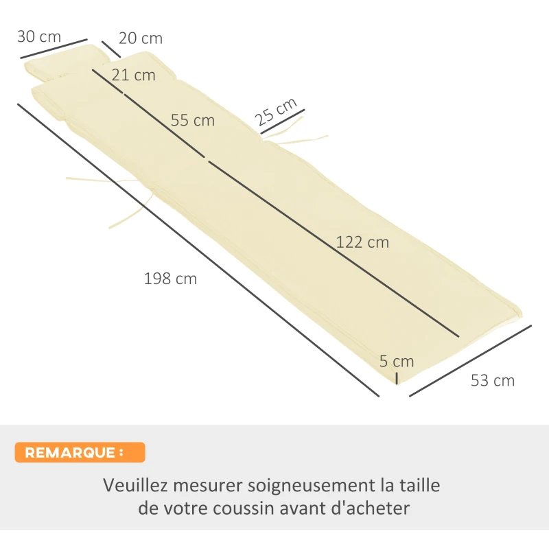 Outsunny Coussin bain de soleil déhoussable avec zippé, tétière, cordons d'attache, MATELAS UNIQUEMENT 198 x 53 x 5 cm, crème