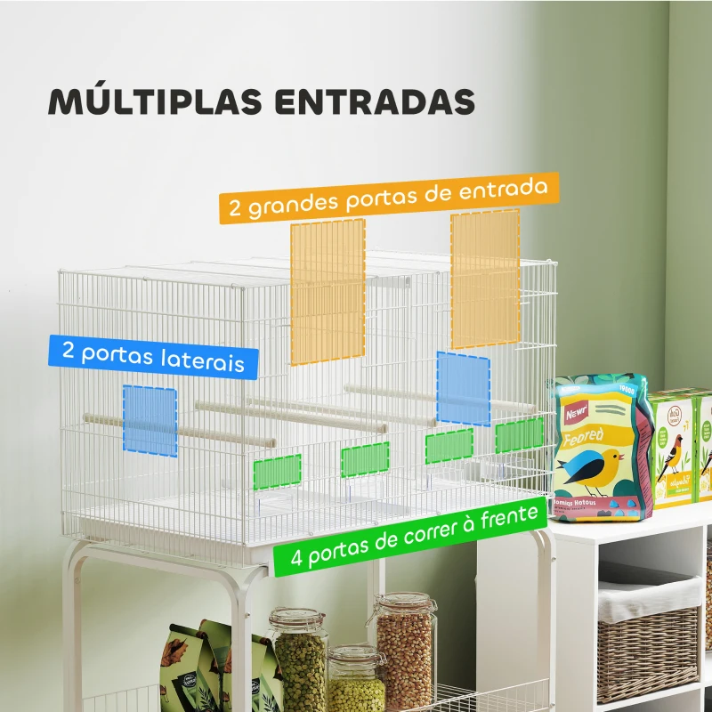 PawHut Gaiola para Pássaros com Divisória Rodas Gaiola para Aves com Comedouros Poleiros e Bandeja Removível 76x46x116 cm Branco