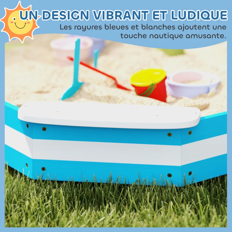AIYAPLAY Bac à sable en bois, bac à sable pour enfants 3-6 ans avec 4 sièges, 133 x 133 x 16 cm, bleu