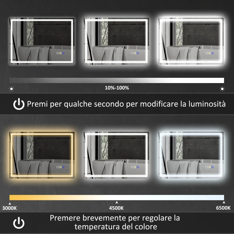 HOMCOM Specchio Bagno Antiappannante con Luce LED Regolabile, Speaker Bluetooth, Pulsanti Touch, 80x100 cm