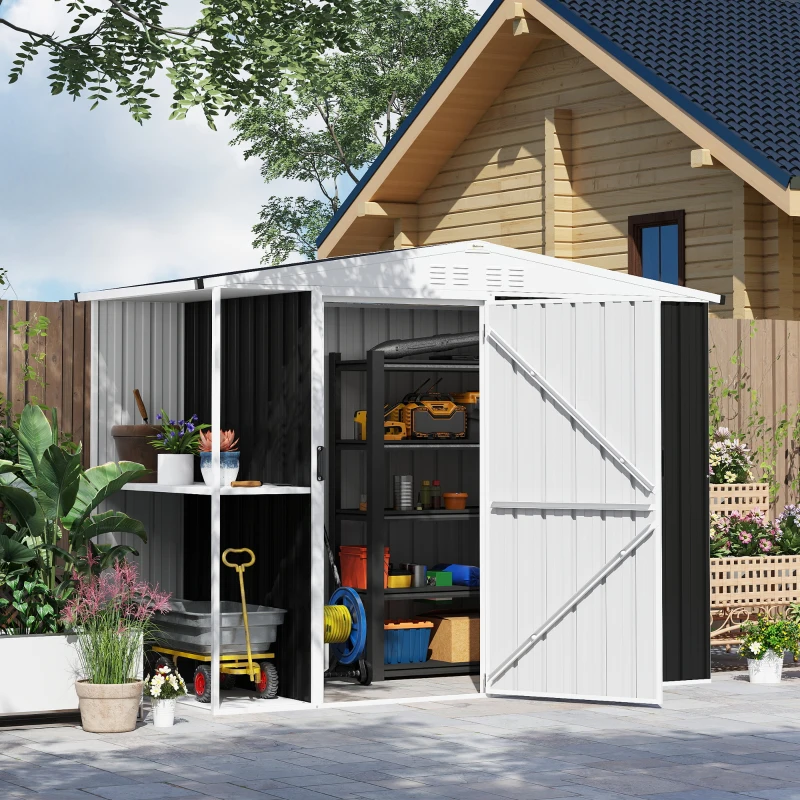 Outsunny Cobertizo de Jardín con 2 Estantes Puerta con Cerradura y Estructura Resistente en Acero Galvanizado 245x117x161/180 cm