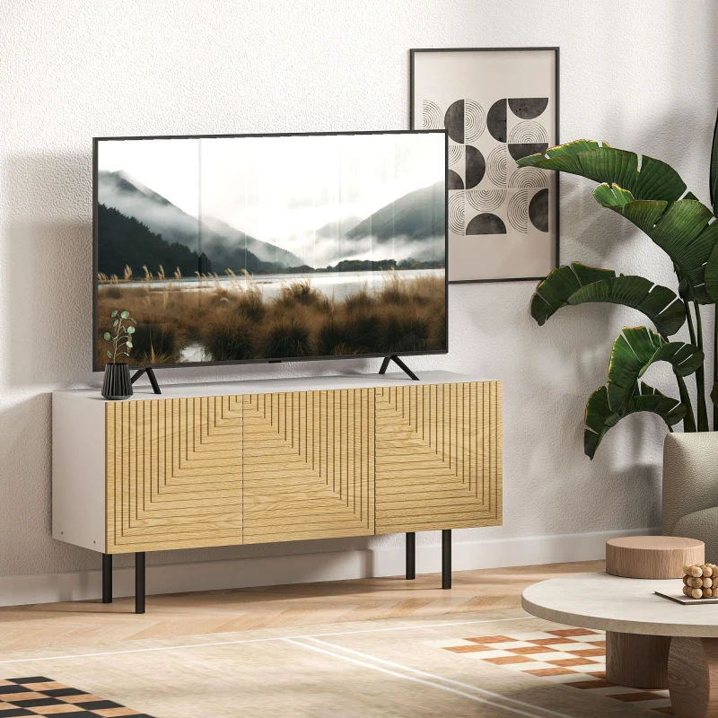 HOMCOM Meuble TV pour jusqu'à 65 pouces avec placards à porte cannelée et passe-câbles pour salon, chambre, effet bois naturel