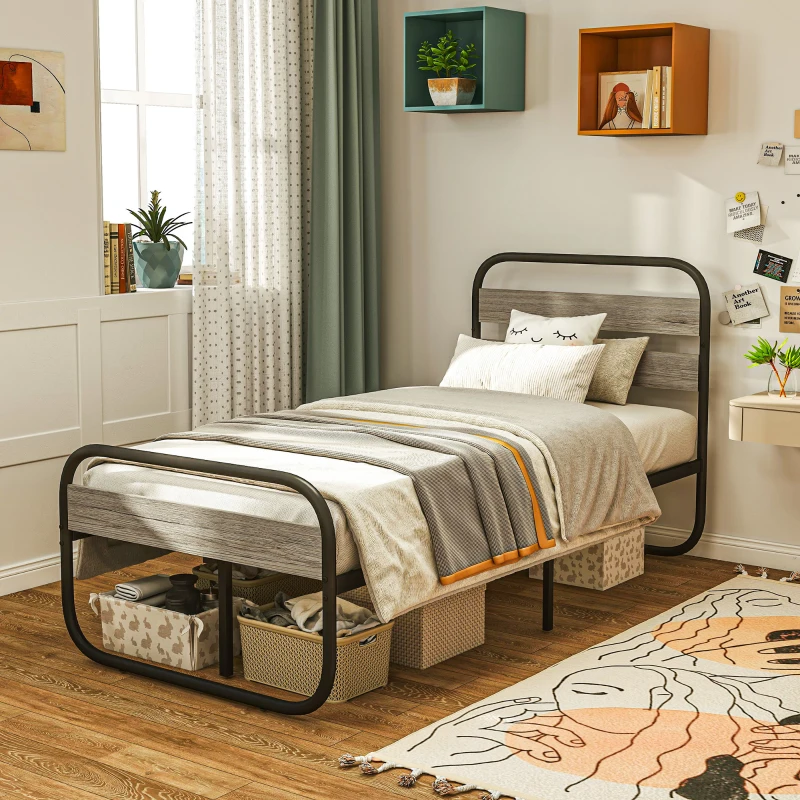HOMCOM 3ft Single Bed Frame, Industrial Style Metal Platform Bed Frame with Under Bed Storage, No Box Spring Needed, Easy Assembly, Grey(m-10)