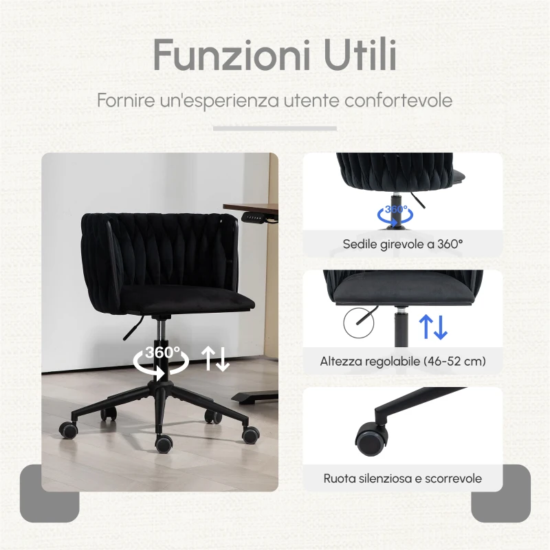 Sedia da Ufficio Morbida in Velluto per Trucco, Poltrona da Soggiorno Girevole ed Ergonomica,Regolabile in Altezza,Nero