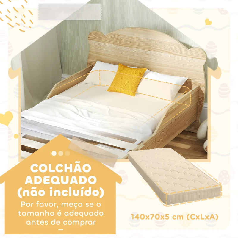 AIYAPLAY Cama para Crianças +3 Anos Cama Infantil de Madeira Cabeceira em Forma de Urso 143,5x80x55 cm Madeira