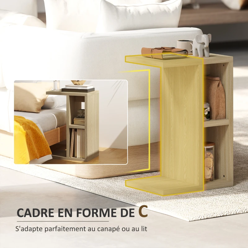 HOMCOM Table d'appoint 3 niveaux en forme de C avec 2 compartiments ouverts, 40 x 29,8 x 60 cm, chêne