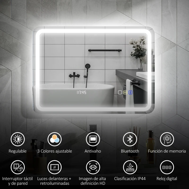 HOMCOM Espejo de Baño con Luz LED 70x50 cm con Bluetooth 3 Colores de Luz Reloj Digital Función Antivaho Función de Memoria