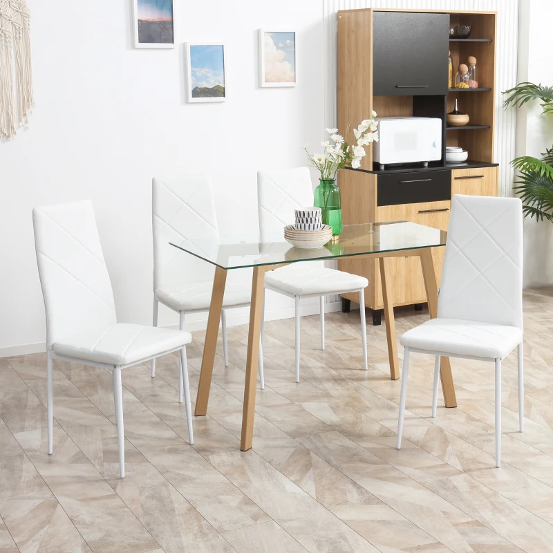 HOMCOM Lot de 4 chaises de salle à manger avec dossier haut, revêtement synthétique et pieds en acier, blanc
