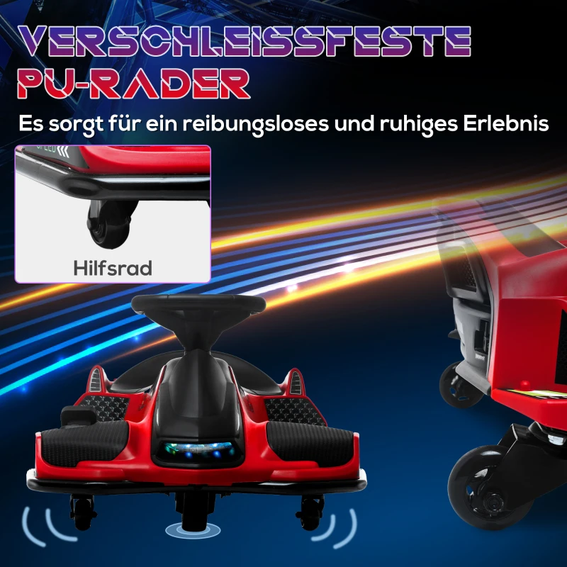 HOMCOM Elektrisches Go-Kart für Kinder, Gummiräder, 3-8 km/h, mit Lichtern und Musikfunktion, Rot(m-6)