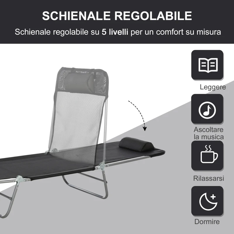 Outsunny Lettino Prendisole Pieghevole con Schienale Reclinabile e Cuscino, 182x56x24.5cm