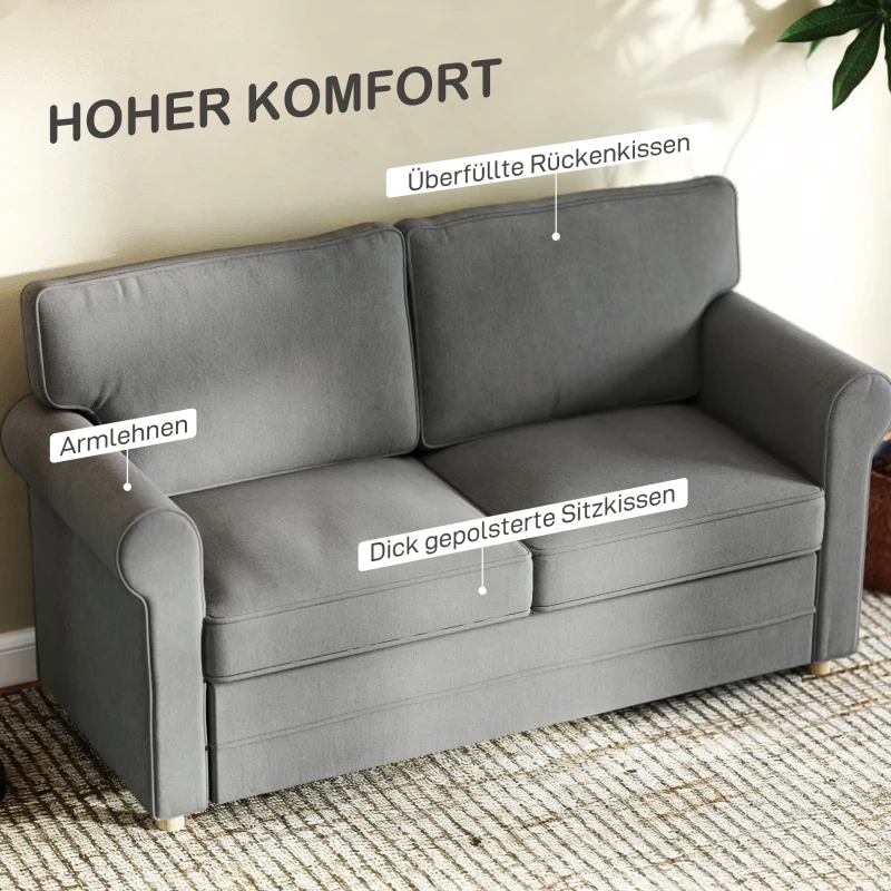 HOMCOM 2-Sitzer-Sofa, Kompakte Wohnzimmercouch, Stoff in Leinenoptik, weiche Sitzkissen, Stahlrahmen, Dunkelgrau(m-4)