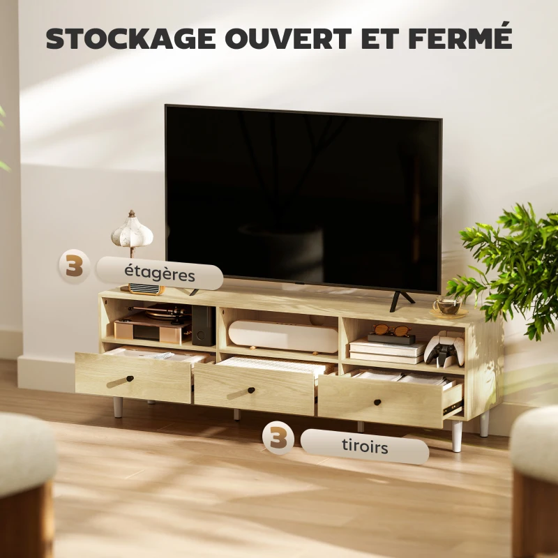 HOMCOM Meuble TV pour jusqu'à 75" avec 3 tiroirs, 3 étagères ouvertes et passe-câbles, 140 x 34 x 45 cm, bois naturel