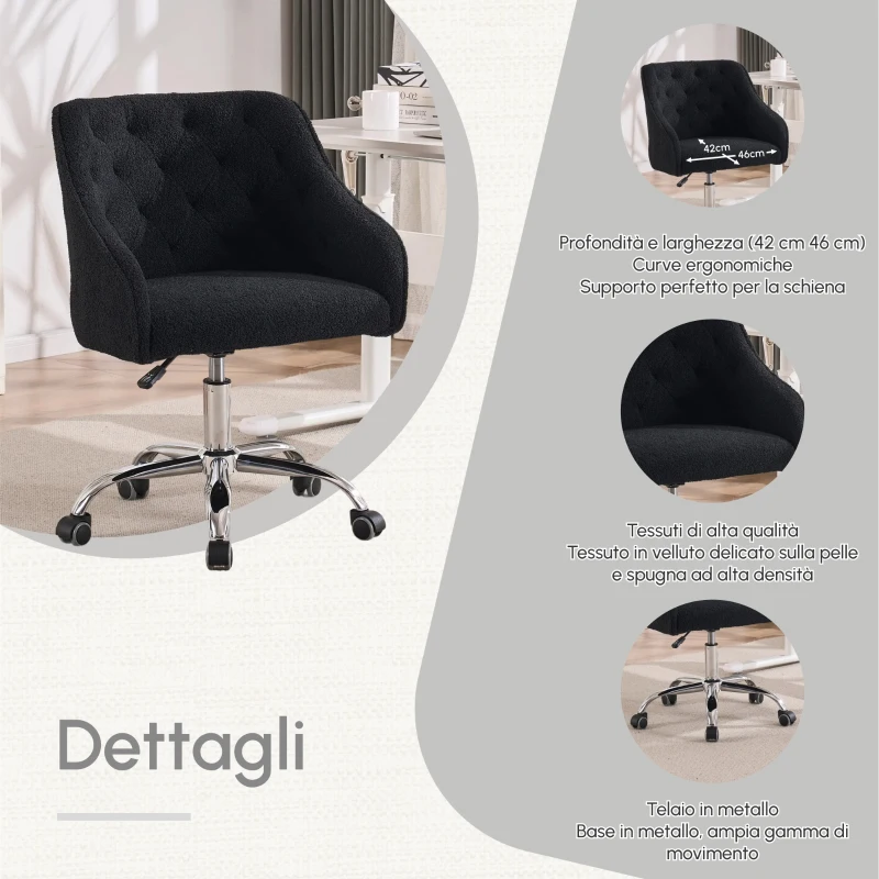 Sedia da Scrivania Girevole in Velluto, Poltrona da ufficio con Altezza Regolabile,Design ergonomico,Nero