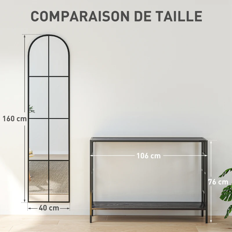 HOMCOM Grand miroir mural ou sur pied 40 x 160 cm de fenêtre arquée avec cadre en métal, film antidéflagrant, noir