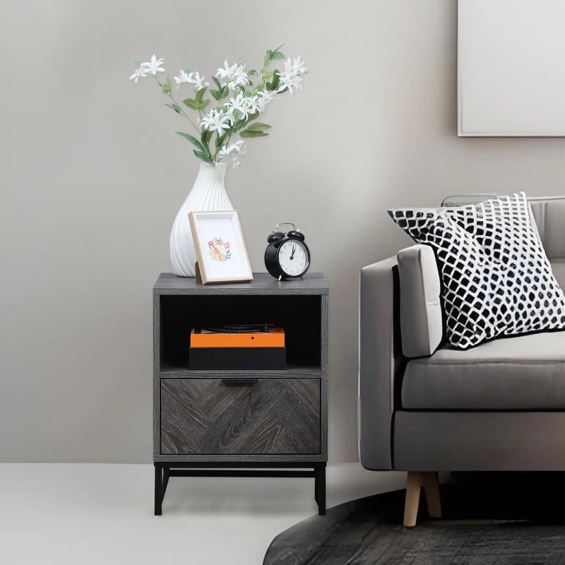 HOMCOM Bedside Table with Drawer and Shelf, Side End Table with Steel Legs for Living Room, Bedroom, Dark Grey