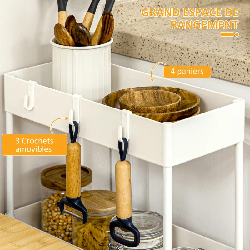 HOMCOM Desserte chariot de rangement 4 niveaux à roulettes avec paniers et crochets amovibles, blanc