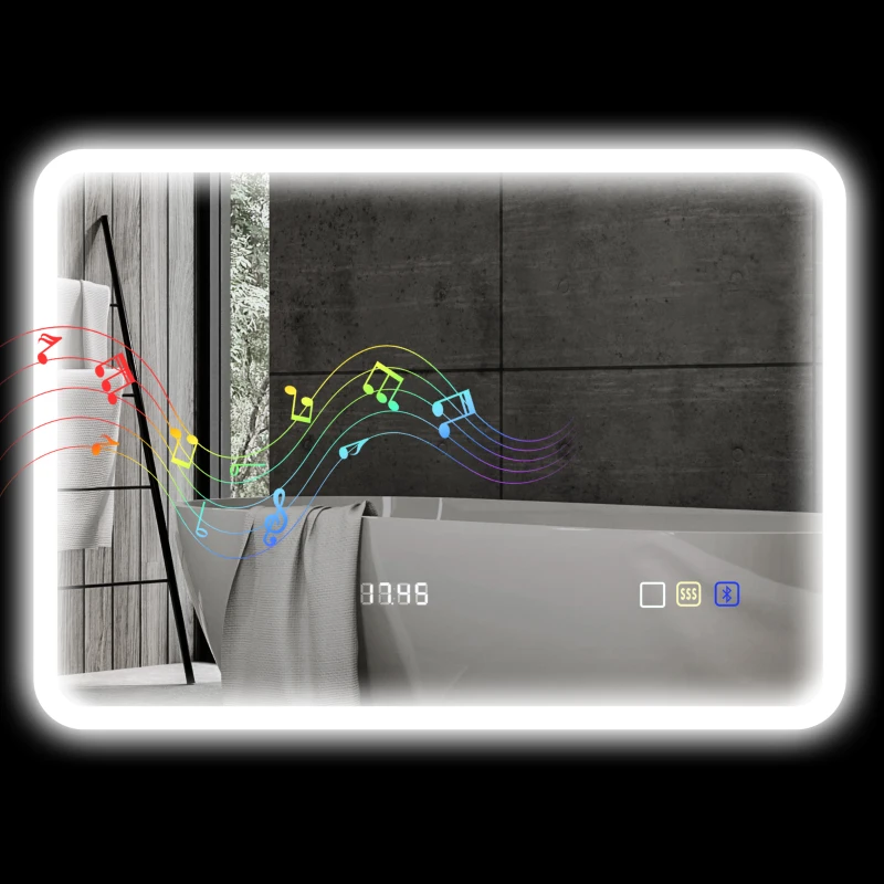 HOMCOM Espejo de Baño con Luz LED 70x50 cm con Bluetooth 3 Colores de Luz Reloj Digital Función Antivaho Función de Memoria