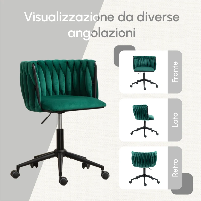 Sedia da Ufficio Morbida in Velluto per Trucco, Poltrona da Soggiorno Girevole e Ergonomico,Regolabile in Altezza,Smeraldo