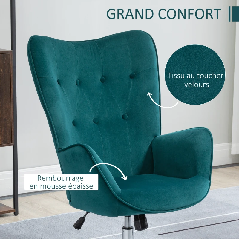 HOMCOM Fauteuil de salon pivotant avec hauteur réglable, dossier capitonné, tissu aspect velours, bleu