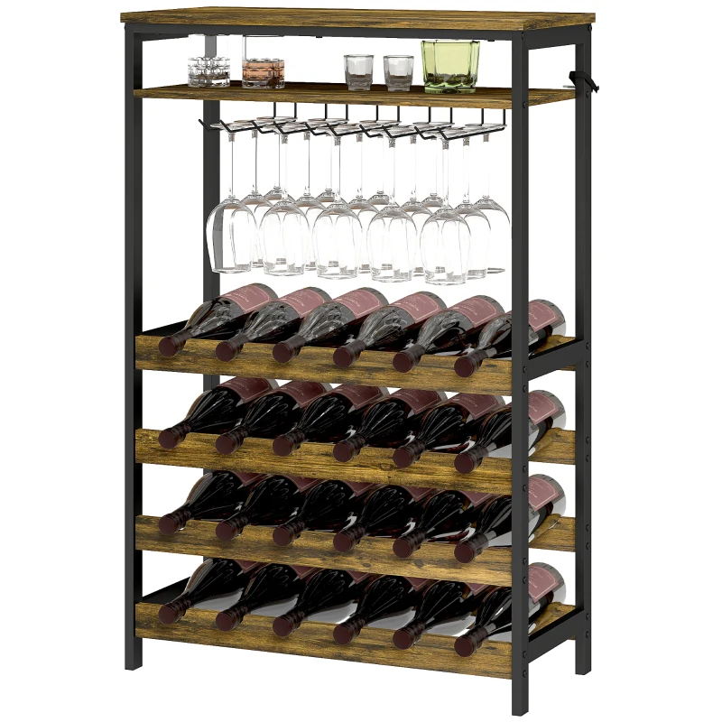 HOMCOM Botellero Vino para 24 Botellas con Soporte para Copas y Estante Abierto 66x30x100,3 cm Marrón Rústico