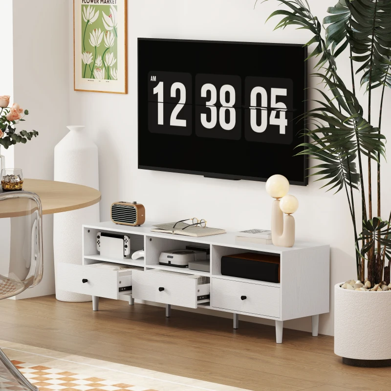 HOMCOM Meuble TV pour jusqu'à 75" avec 3 tiroirs, 3 étagères ouvertes et passe-câbles, 140 x 34 x 45 cm, crème