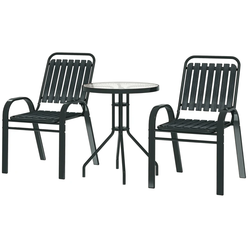 Outsunny 3 Pieces Patio Bistro Set with Stackable Chairs, Tempered Glass Table, for Outdoor, Balcony, Patio, Garden Charcoal Grey