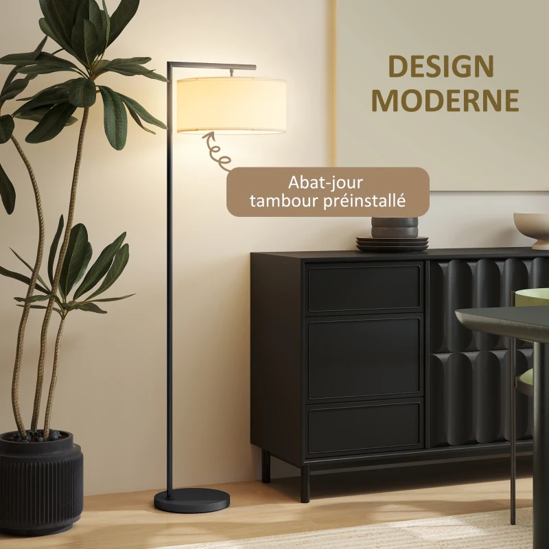 HOMCOM Lampadaire lampe à pied abat-jour en tissu de lin base ronde stable 47 x 37 x 153 cm noir et blanc