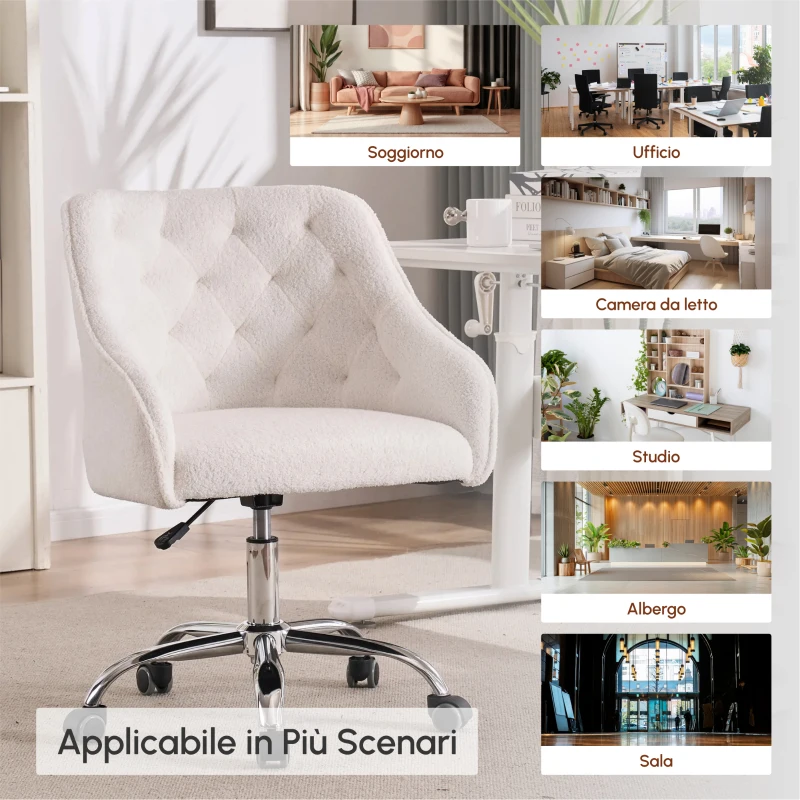 Sedia da Scrivania Girevole in Velluto, Poltrona da ufficio con Altezza Regolabile,Design ergonomico,Bianco