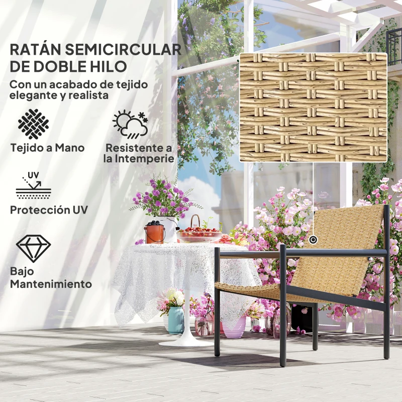 Outsunny Silla de Ratán de Jardín para Exterior con Reposabrazos Estructura de Acero y Respaldo Inclinado 74x61x81 cm Natural