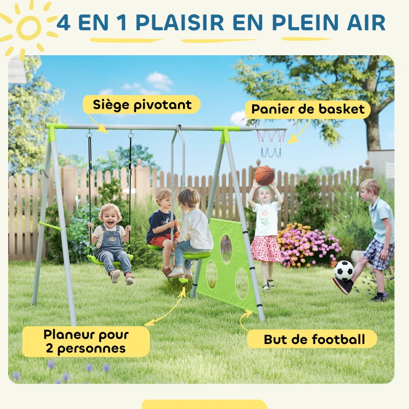 AIYAPLAY Portique balancoire enfant 4 en 1 avec sièges et face à face, panier de basket-ball et but de football, charge 135 kg