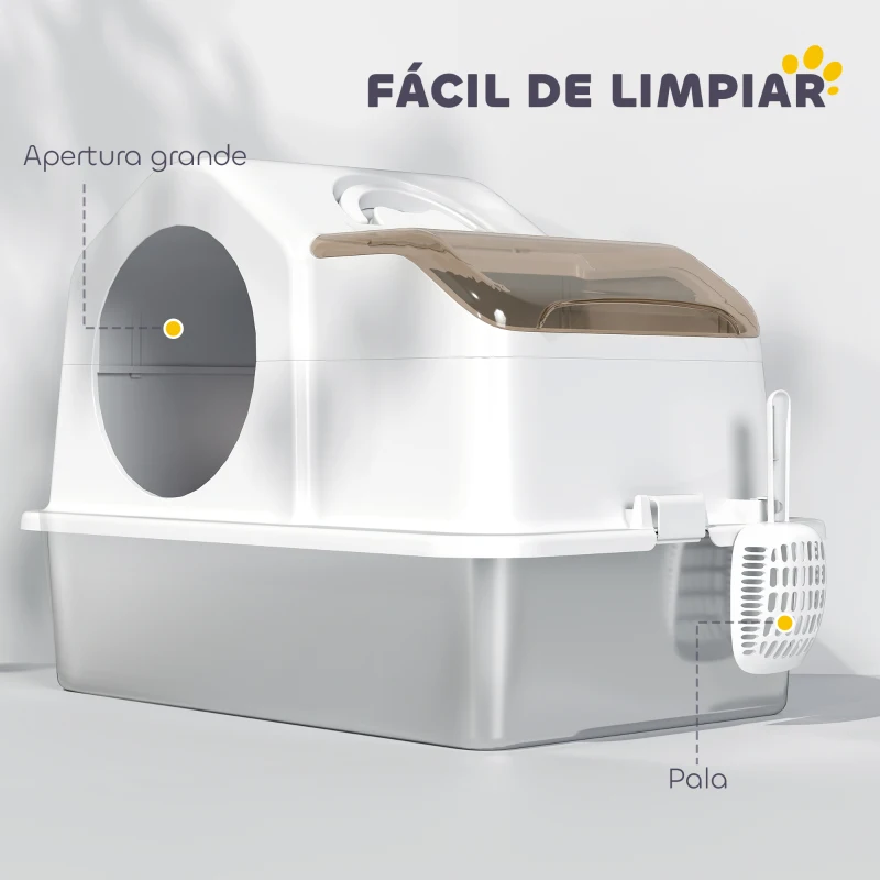 PawHut Arenero para Gatos Cubierto con Bandeja de Acero Inoxidable Tapa Extraíble Bordes Altos Fácil de Limpiar Blanco