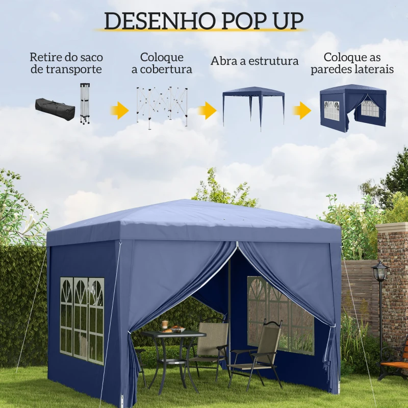 Outsunny Tenda de Jardim com Paredes Laterais Amovíveis Janelas Porta com Zíper e Bolsa de Transporte 295x295x195-258 cm Azul