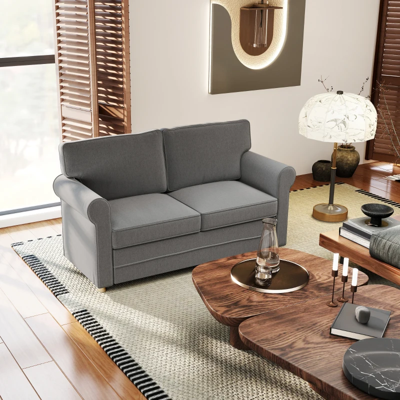 HOMCOM 2-Sitzer-Sofa, Kompakte Wohnzimmercouch, Stoff in Leinenoptik, weiche Sitzkissen, Stahlrahmen, Dunkelgrau(m-8)