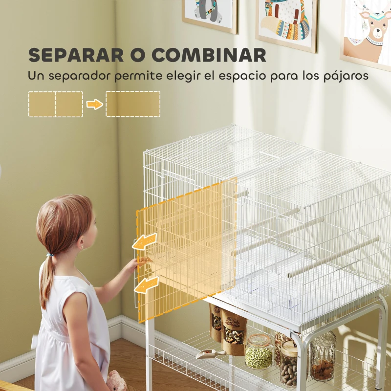 PawHut Jaula para Pájaros con Divisor Comederos Bandeja Extraíble y Soporte para Canarios y Periquitos 76x46x46/116 cm Blanco