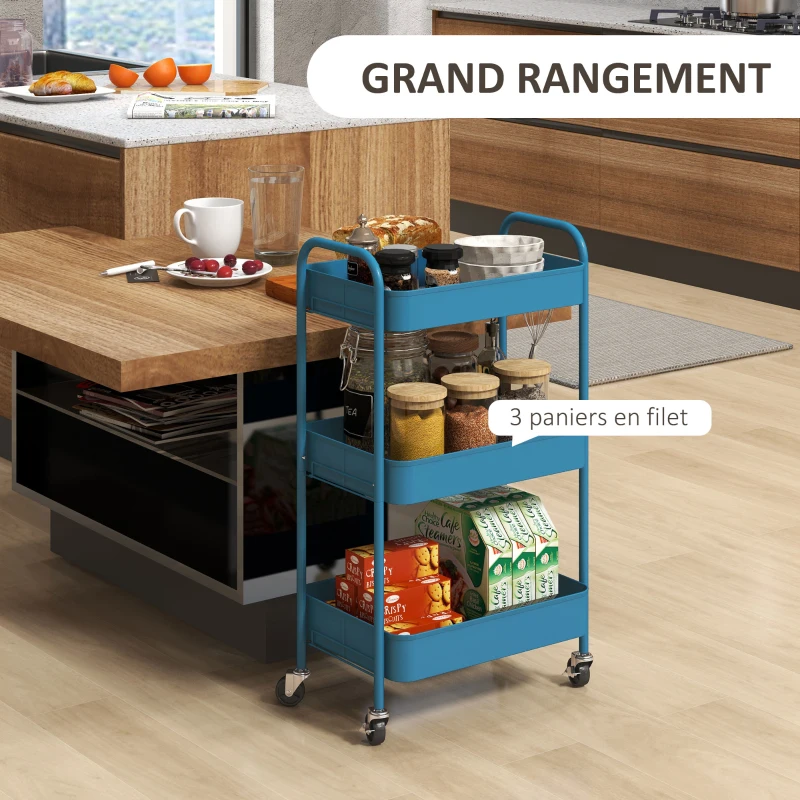 HOMCOM Desserte chariot de rangement en acier chariot de service à roulettes 3 plateaux ajourés 45 x 30,6 x 79 cm bleu foncé