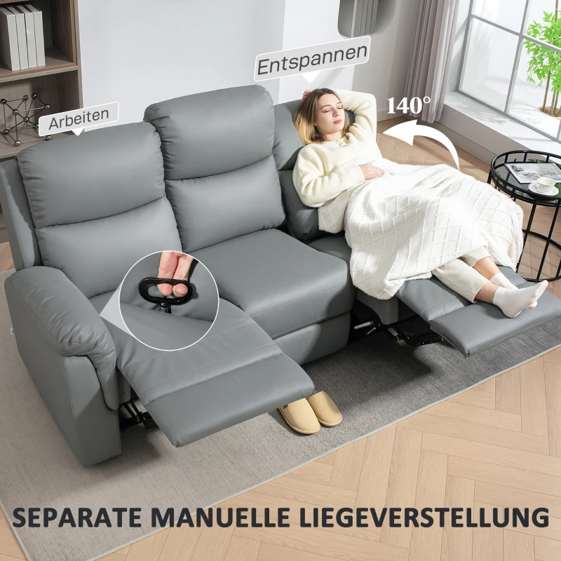 HOMCOM 3-Sitzer-Sofa, linker und rechter Sitz zurücklehnbar, anpassbare Fußstütze, Kunstlederbezug, für Wohnzimmer, Dunkelgrau(m-4)