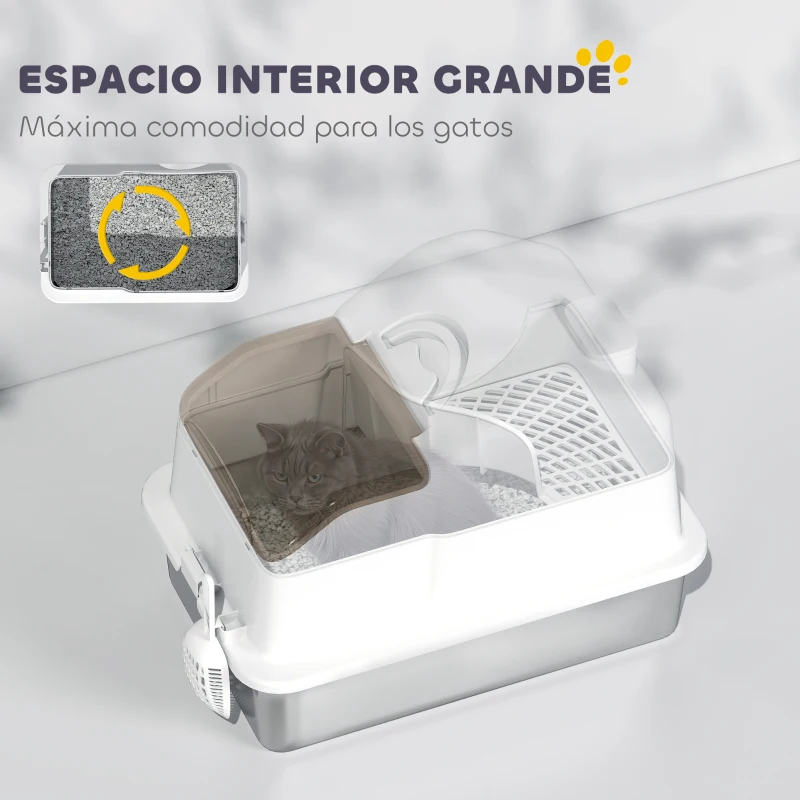 PawHut Arenero para Gatos Cubierto con Bandeja de Acero Inoxidable Tapa Extraíble Bordes Altos Fácil de Limpiar Blanco