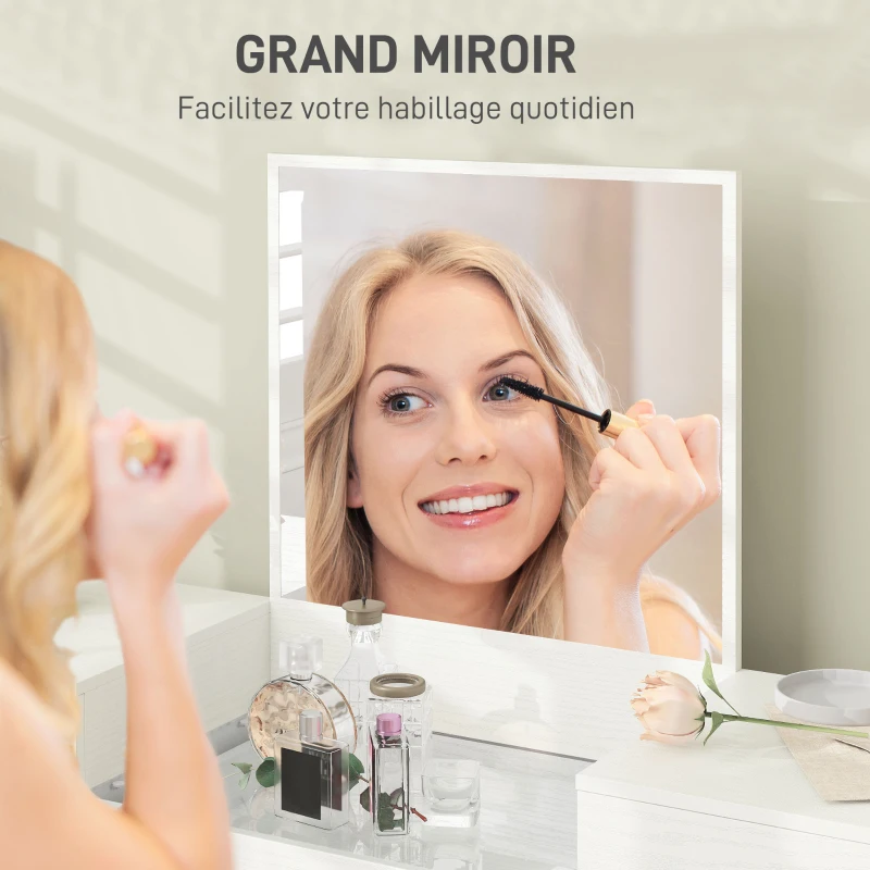 HOMCOM Coiffeuse avec miroir et tabouret avec 3 tiroirs et pieds en métal, plateau en verre trempé, blanc