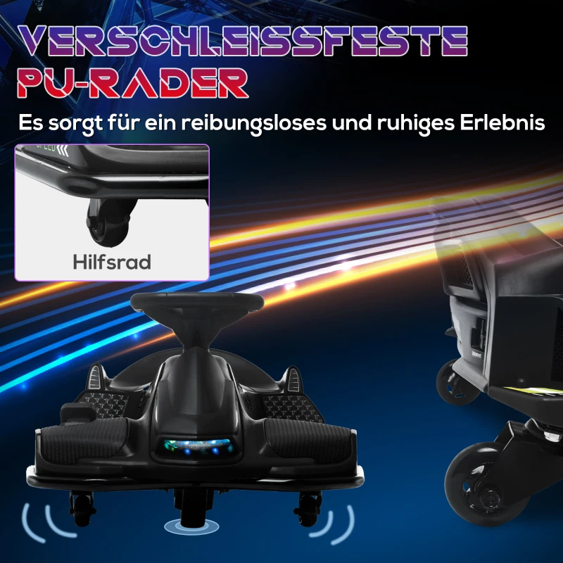 HOMCOM Elektrisches Go-Kart für Kinder, Gummiräder, 3-8 km/h, mit Lichtern und Musikfunktion, Schwarz(m-6)