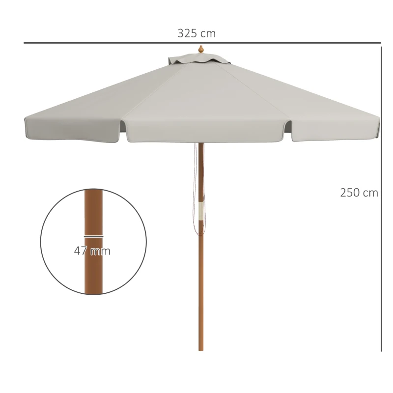 Outsunny Chapéu de Sol de Jardim Ø325x250 cm Chapéu de Sol de Madeira com Sistema de Polea Teto com Ventilação  Cinzento Claro
