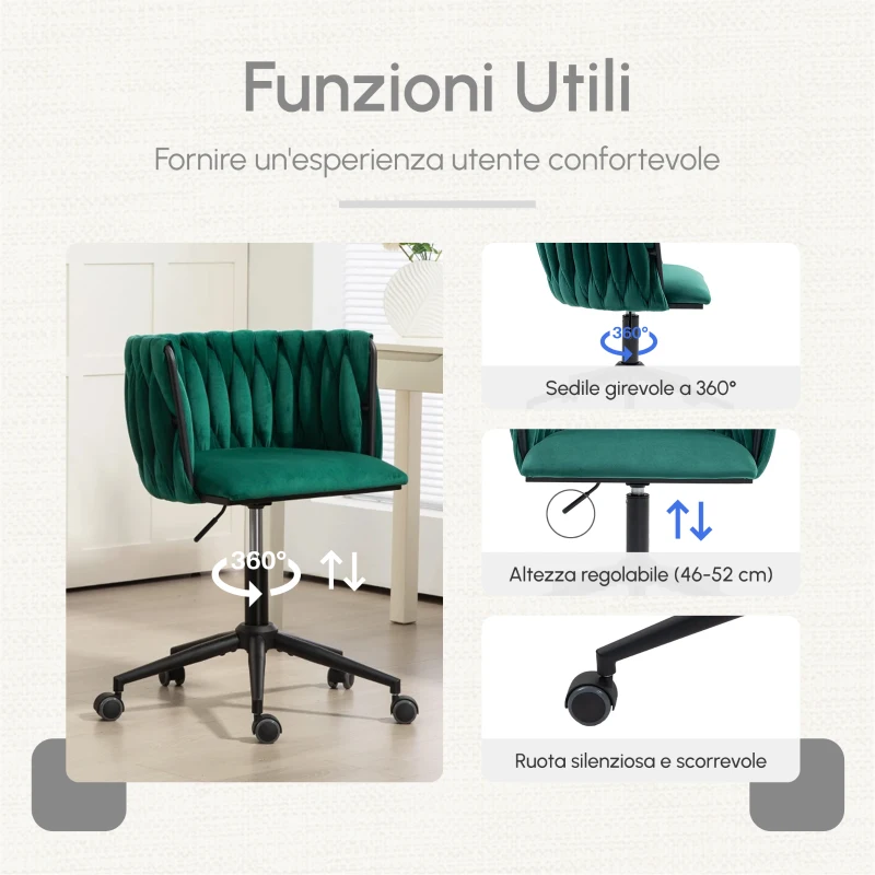 Sedia da Ufficio Morbida in Velluto per Trucco, Poltrona da Soggiorno Girevole e Ergonomico,Regolabile in Altezza,Smeraldo