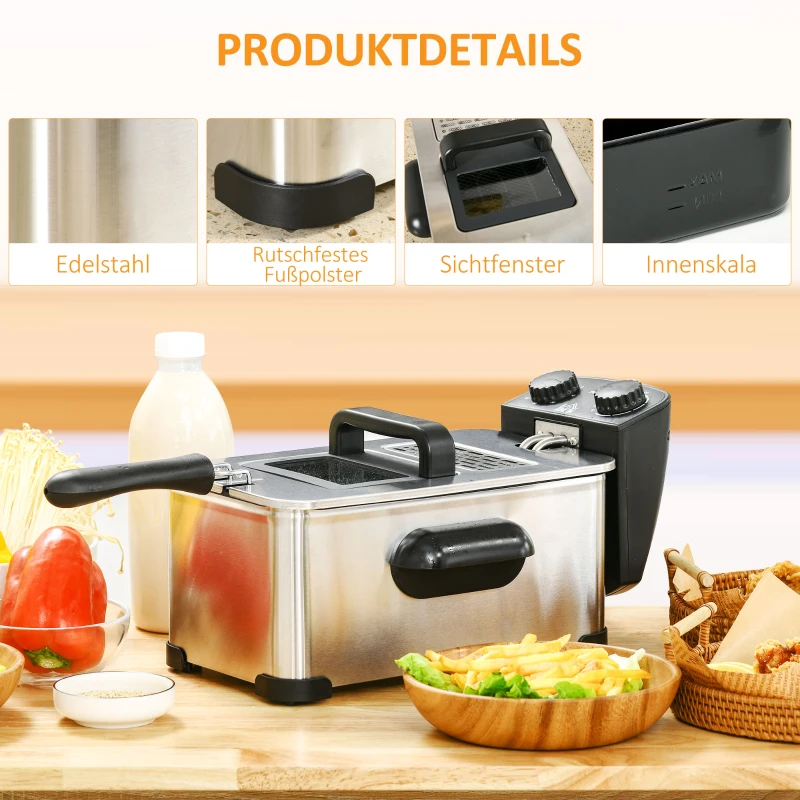 HOMCOM Frytkownica, Pojemność 3 Litry, Moc 2000W, Przezroczysta Pokrywa, Uchwyt Chłodny w Dotyku, Czarna