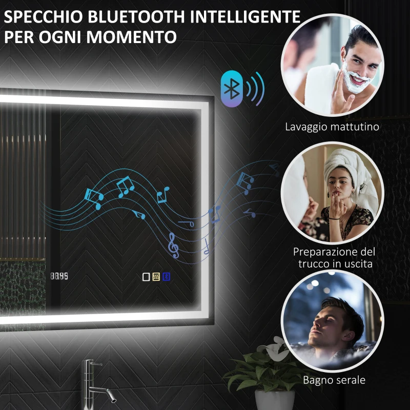 HOMCOM Specchio Bagno Antiappannante con Luce LED Regolabile, Speaker Bluetooth, Pulsanti Touch, 80x100 cm