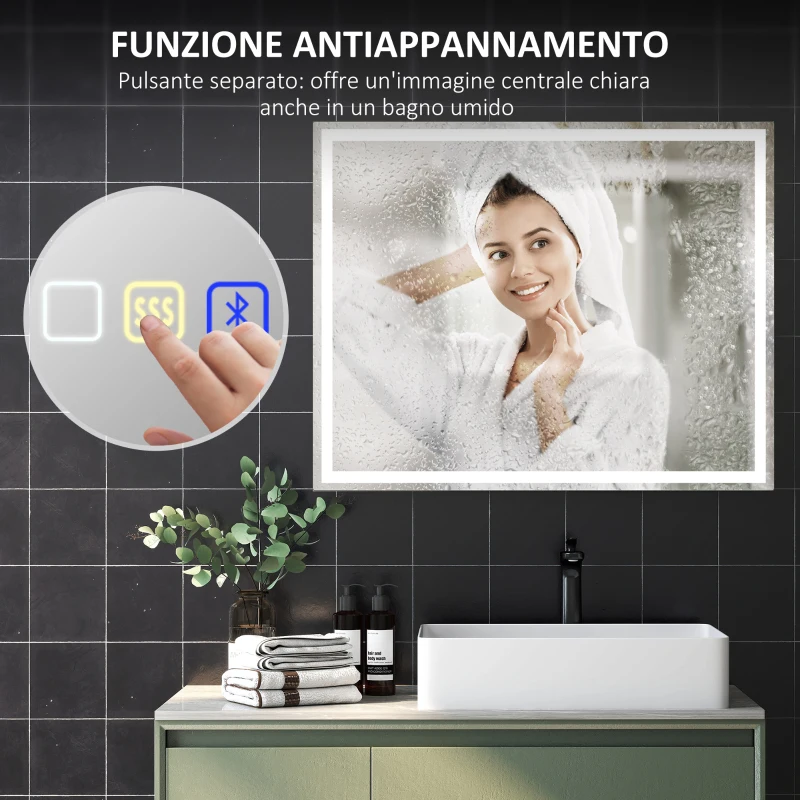 HOMCOM Specchio Bagno Antiappannante con Luce LED Regolabile, Speaker Bluetooth, Pulsanti Touch, 80x100 cm