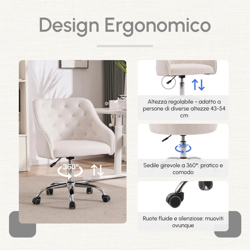 Sedia da Scrivania Girevole in Velluto, Poltrona da ufficio con Altezza Regolabile,Design ergonomico,Bianco